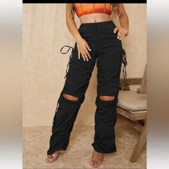 SHEIN Pants - Shein Womens Black Drawstring Ruched Cut-Out Knee High-Waisted Pants Size M